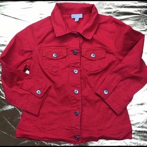 DB red denim jean jacket lace trim Sz Small